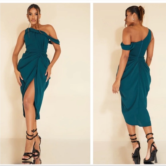 NWT PREETY LITTLE THING EMERALD GREEN ASYMMETRIC STRAP DRAPED DRESS❣️ - Picture 4 of 5